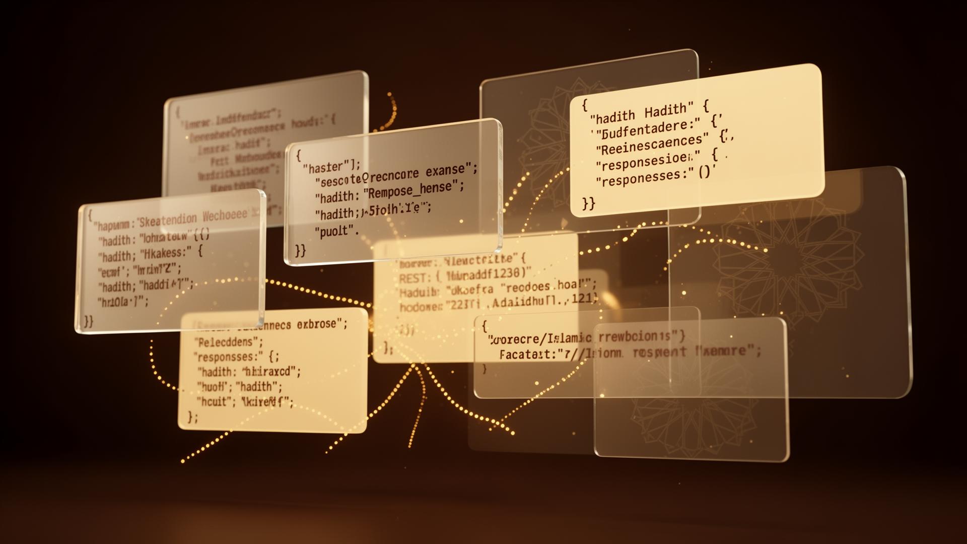 API documentation showing REST endpoints, JSON response examples and code snippets for Islamic content APIs