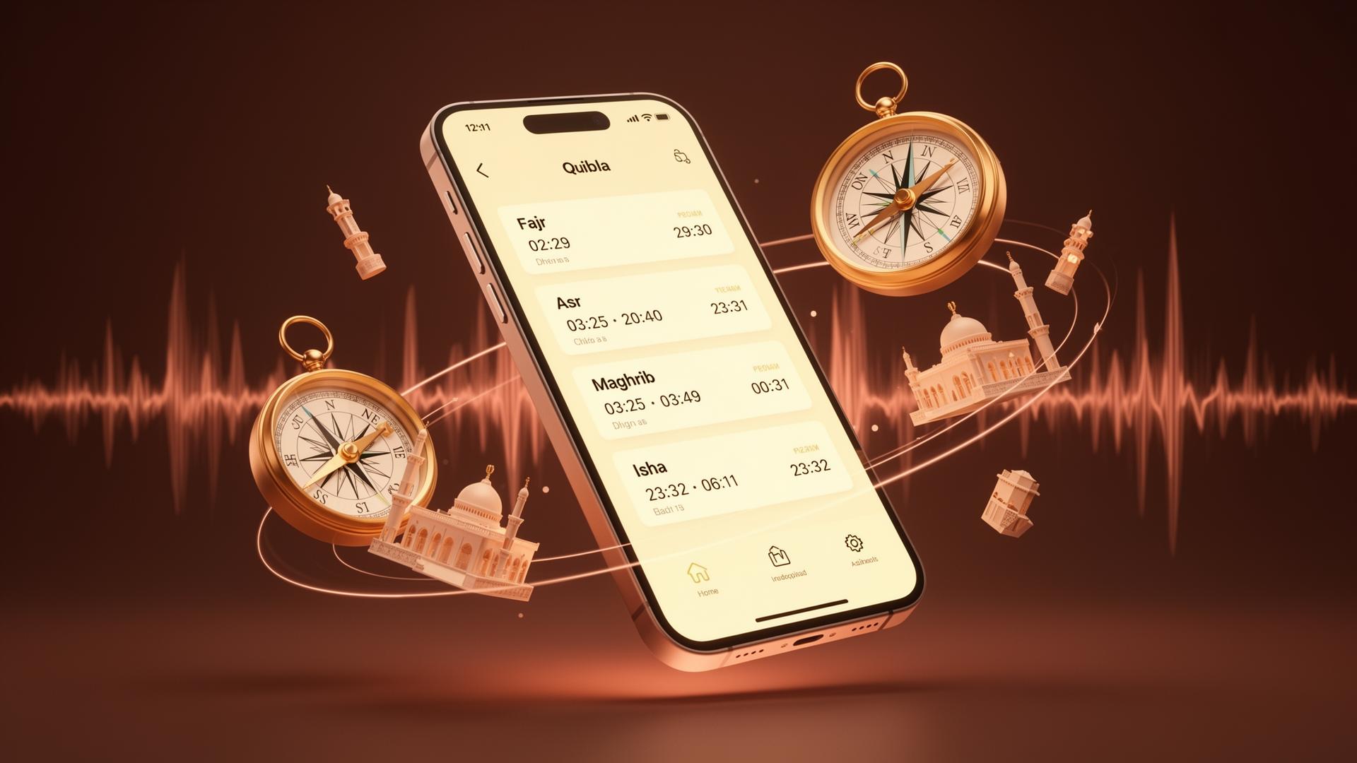 Prayer times mobile app interface showing Fajr, Dhuhr, Asr, Maghrib, Isha times and mosque finder
